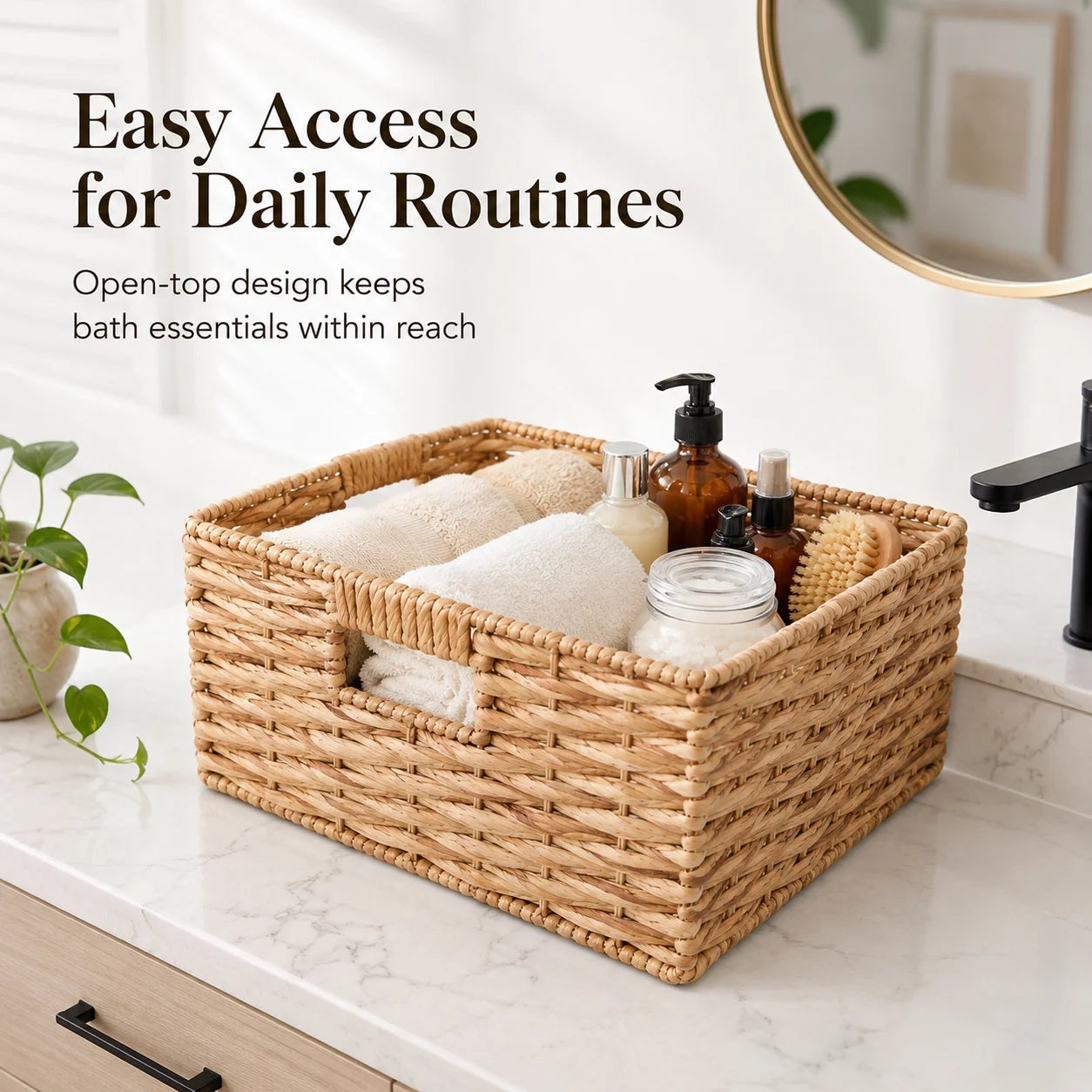 Water Hyacinth Storage Basket Woven Shelf Organizer with Handles for Closet Bathroom Kitchen Pantry Bedroom Living Room Office