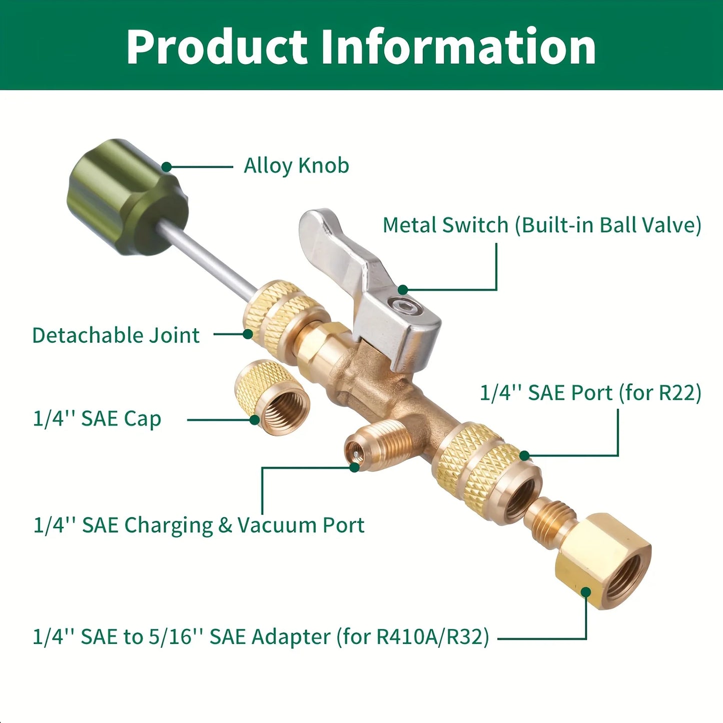 Valve Core Removal Tool for HVAC HS-1430 with SAE 1/4 and 5/16 Brass Adapter Compatible with R22 R12 R410 R32 R404 R407 R507