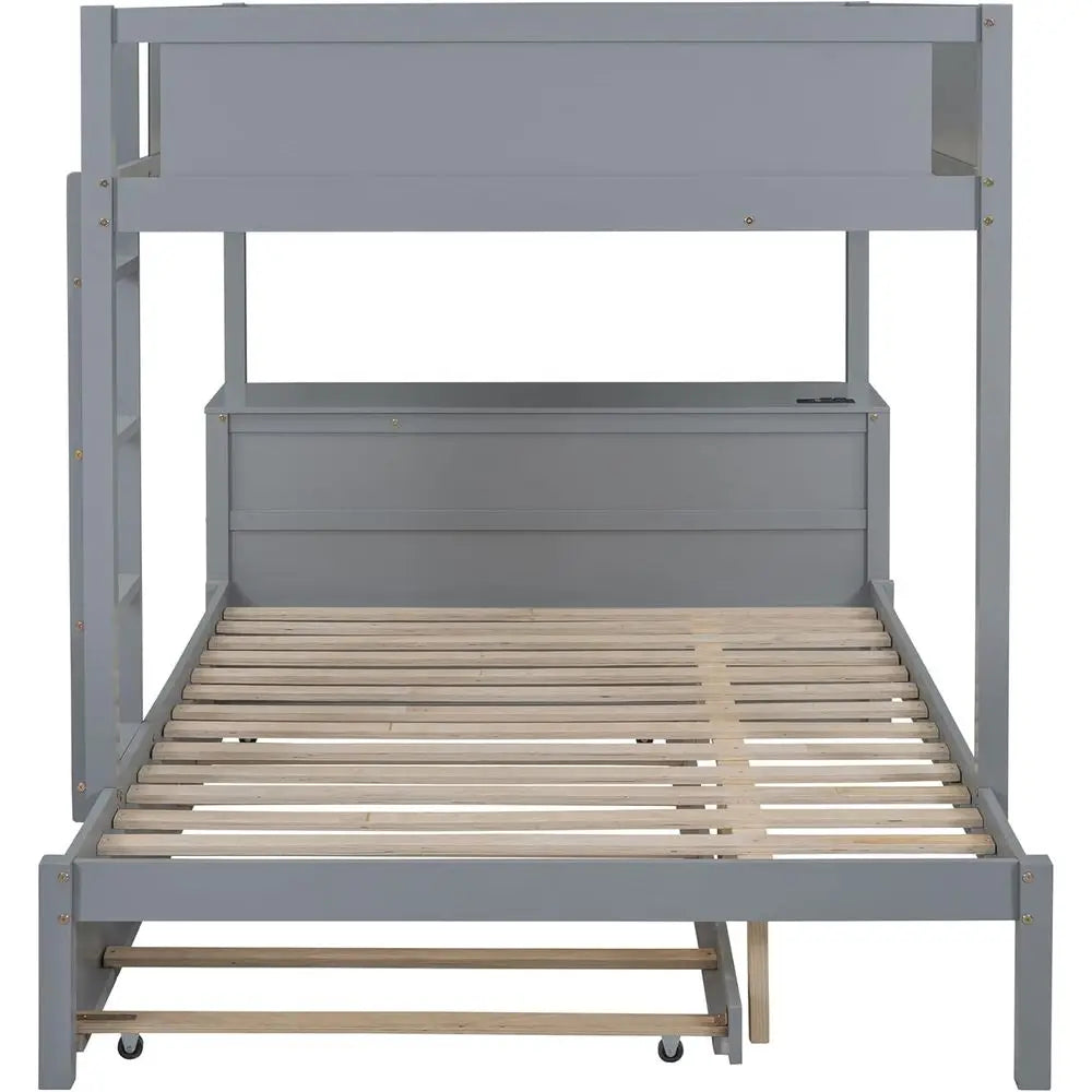Gray Twin-Size Trundle Bunk Bed with Storage, Desk, and USB Ports