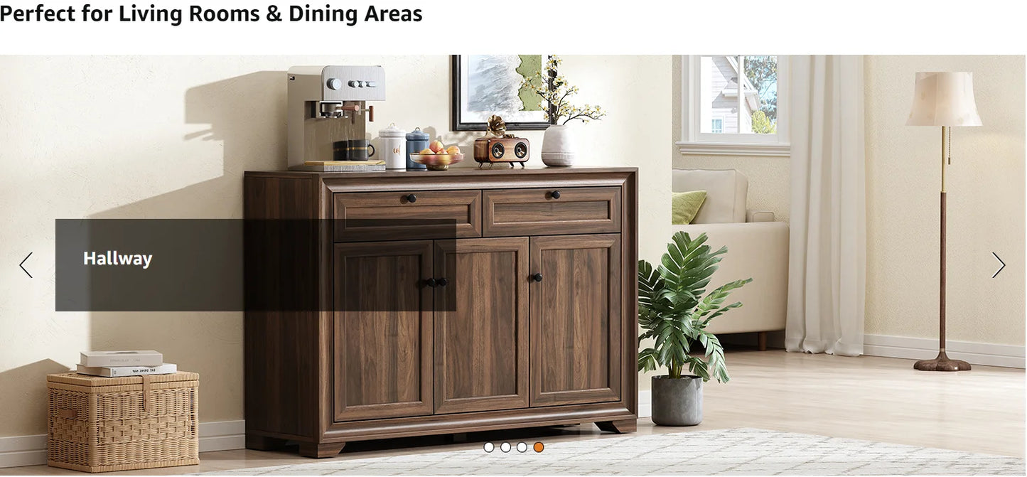48" Sideboard Storage Cabinet with 2 Drawers + 3 Doors | Wood Coffee Bar Cabinet, Buffet Table Adjustable Shelves Farmhouse Style for Home Kitchen Living Room