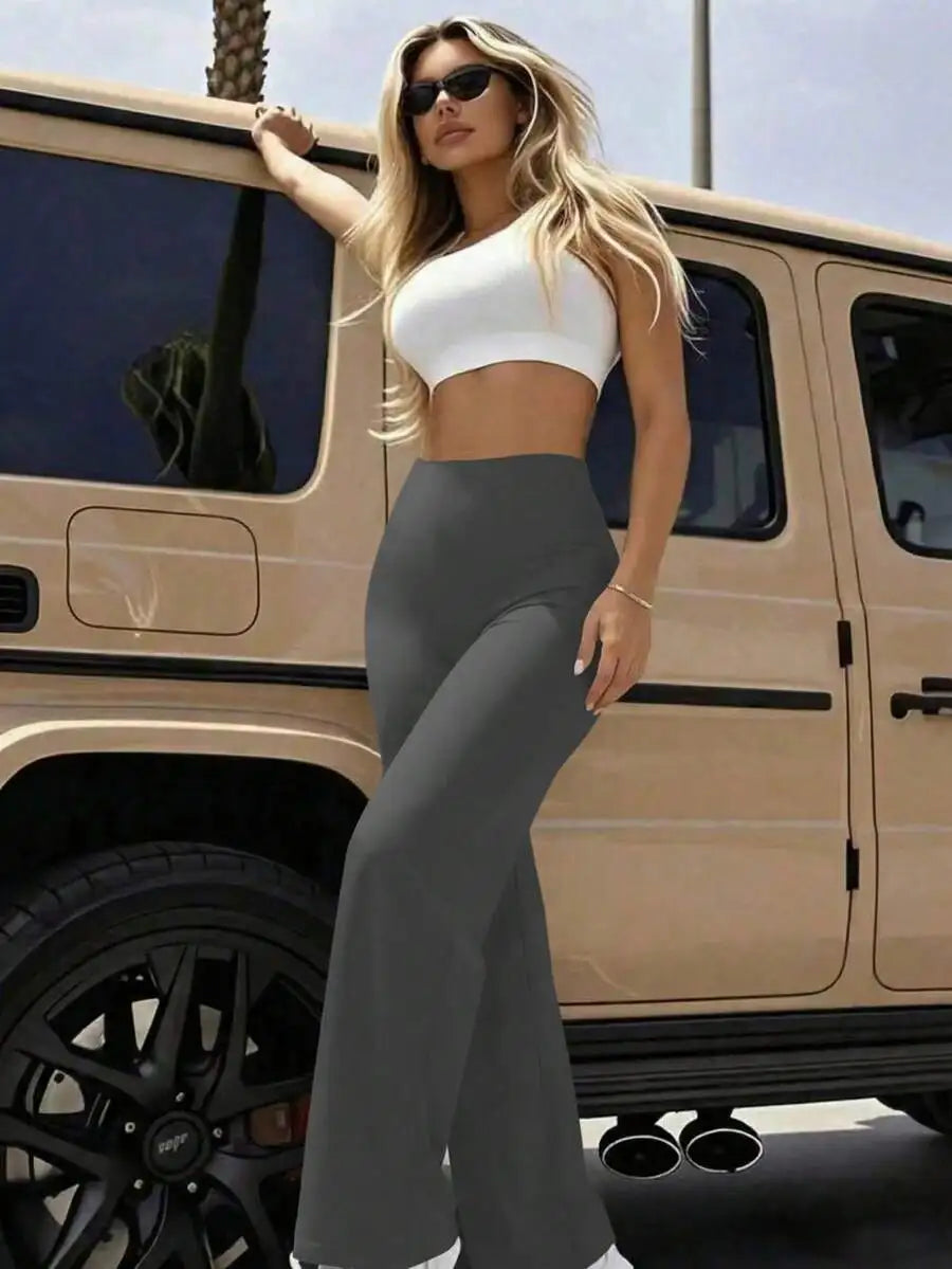 Women's High Waist Wide Leg Pants For Outdoor Exercise, Comfortable Sports Casual Leggings, High Elastic Flare Pants For Commuti