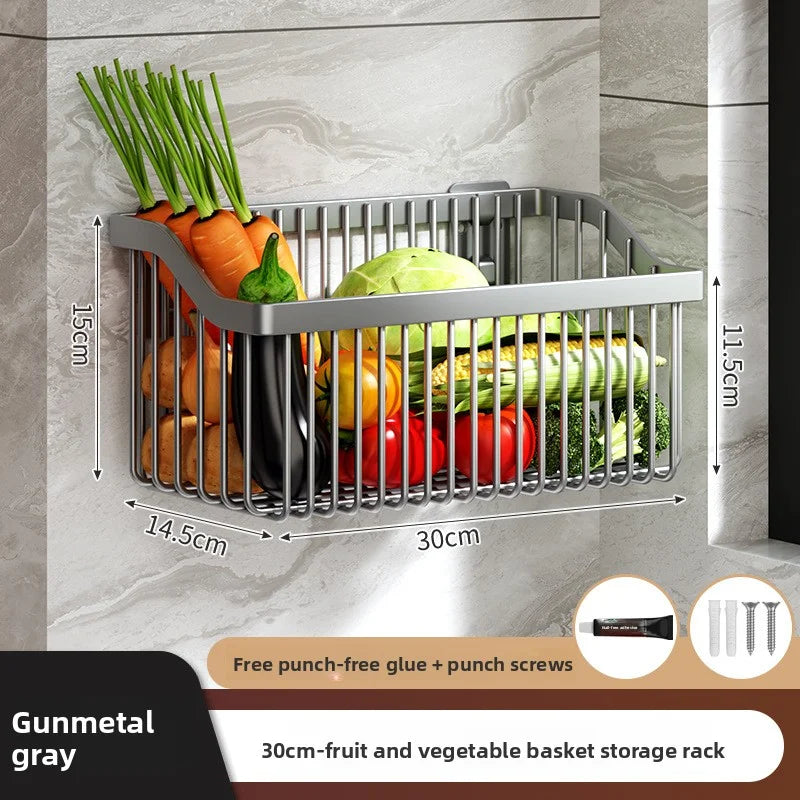 AOBT No-Drill Multifunctional Wall-Mounted Spice Rack Kitchen Storage Organizer Salt Seasoning Jar Vegetable Basket Rack