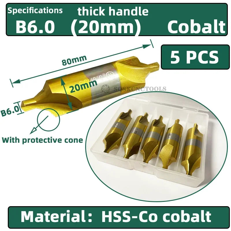 HSS Combined Center Drills Ti-Coated 60 Degree Countersinks Angle Bit Set 6pcs 1.0-5mm Metal Centering Dril Bit Lathe W6542 M35