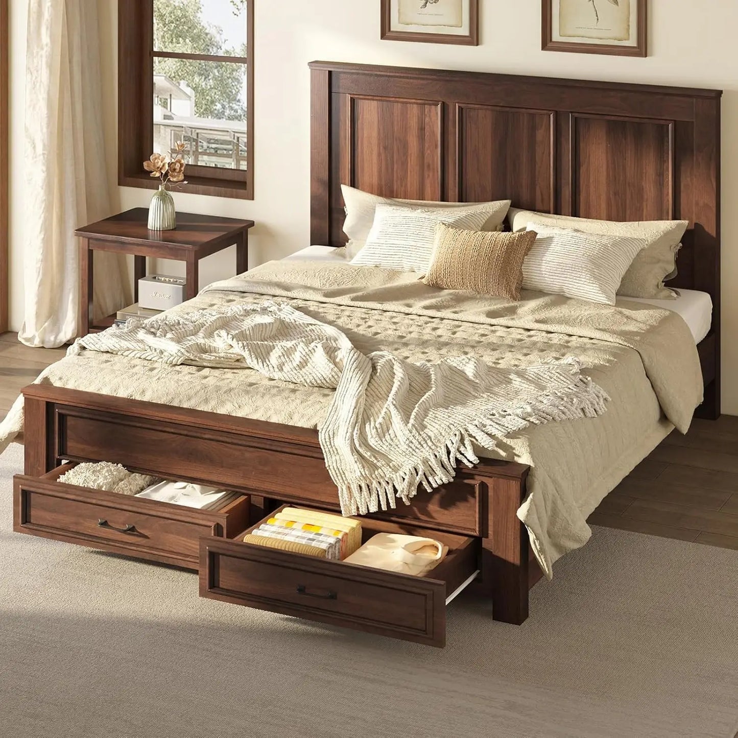 52.2" Queen Size Farmhouse Bed Frame with Headboard, Rustic Brown | Tall Panel Headboard & Footboard, Wood Platform Bed, Custom