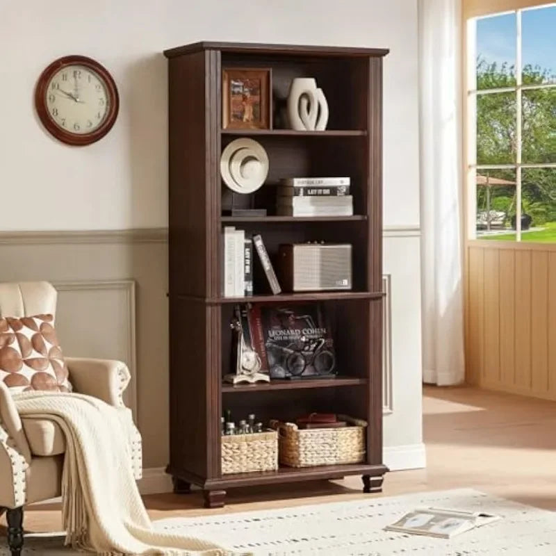 SAVOR LIFE 70" Tall Walnut Bookshelf,5 Tier Wooden Book Shelf with Adjustable Shelves & Wood Legs,Free Standing Farmhouse