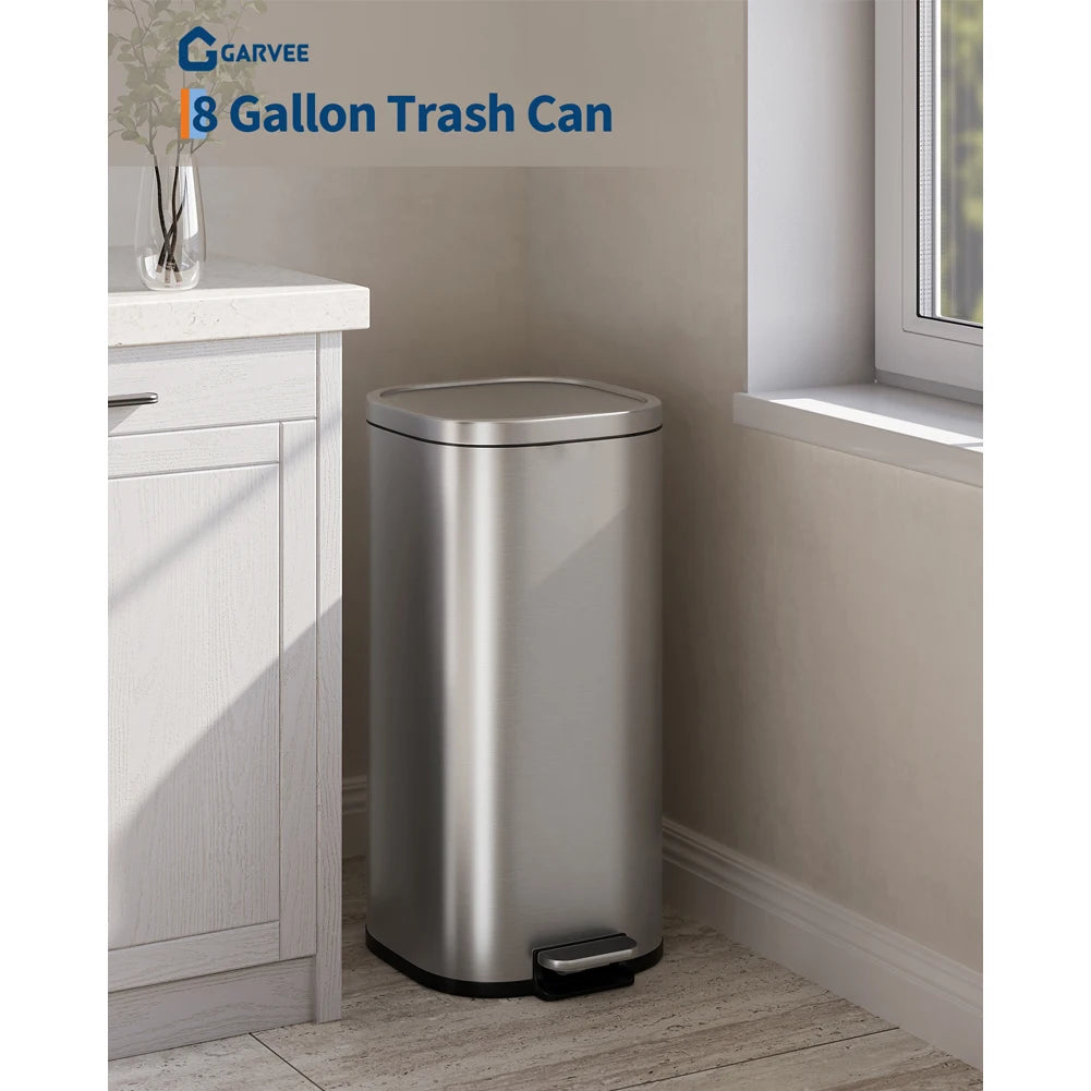 30L 8 Gal Stainless Steel Kitchen Trash Can with Quiet Close Lid, Black | Stainless Steel, Rectangular, Quiet Close Lid, Hands-Free, Step on, Durable, Waterproof, medium size
