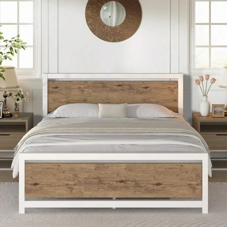 Bed Frame With Headboard, Farmhouse Bed Frame With Wooden Headboard, Heavy Duty Metal Bed Frame, No Box Spring Needed, Noise-Free, Esay Assembly, Bedroom Furniture,Twin/ Full/ Queen, Black/ Gray/ White/ Brown
