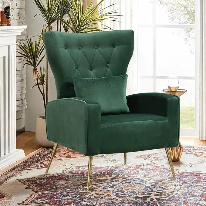 Velvet Accent Arm Chair, Mid-Century Modern Living Room Chair, Wingback Bedroom Side Chair with Gold Legs & Pillow，Customized