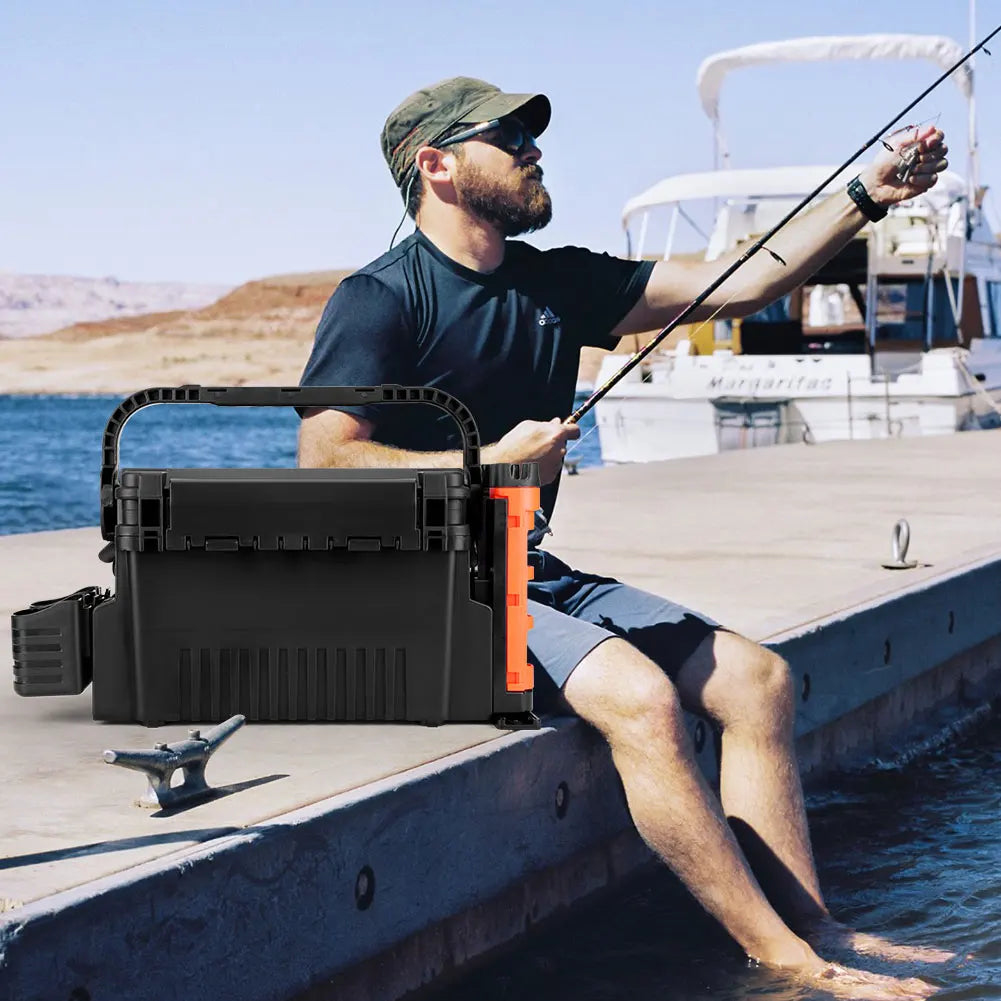 2 Tier Fishing Tackle Box Fishing Gear Box with Cup & Rod Holder Fishing Tackle Storage Box Fishing Tool Box Fishing Accessories