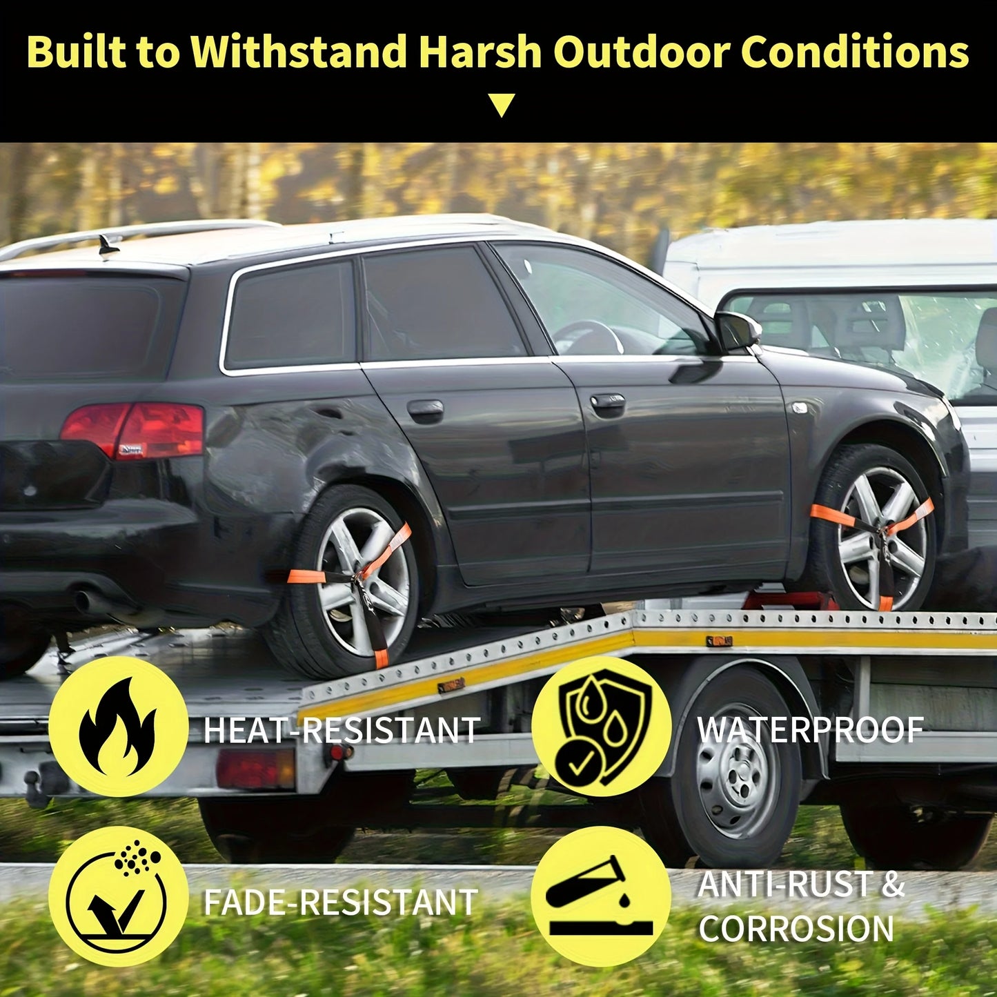 4 Pack Reflective Car Tie Down Straps For Trailers - Tire Ratchet Strap With Chain Anchors - 2" X 8' 9900LBS Break Strength - Lasso Style Wheel Straps For Hauling UTV, SUV, Truck