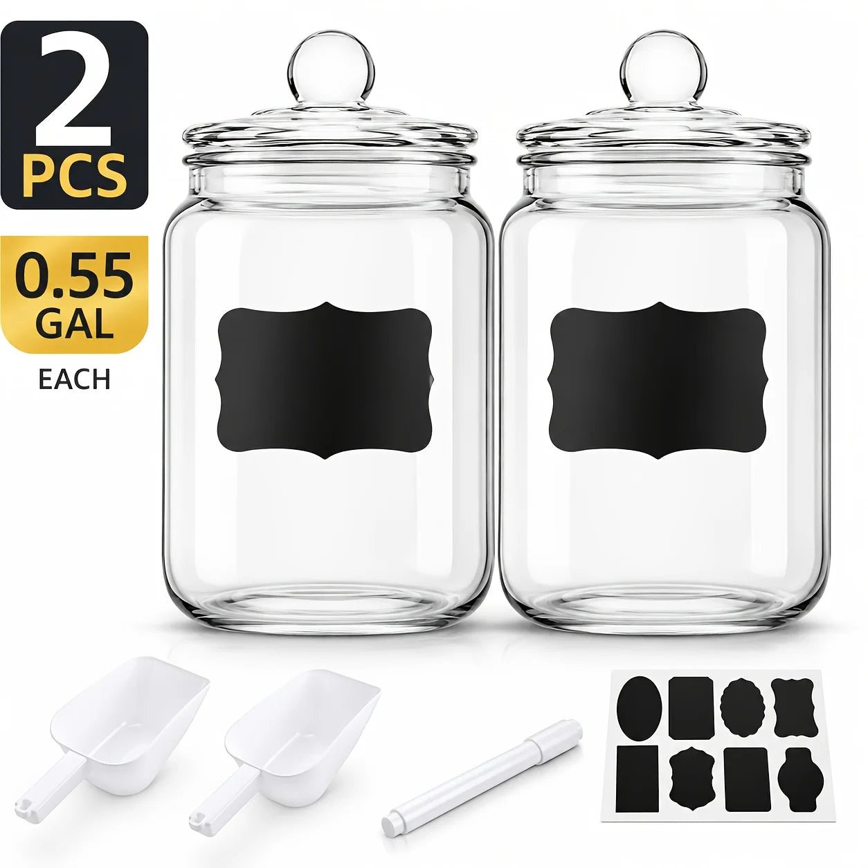 2pcs Glass Pantry Jar with Clamshell Lid for Pantry And Kitchen Countertops - Hand Washed, Reusable Round Container for Biscuits, Candy, Pasta - 1 Set Of 2pcs