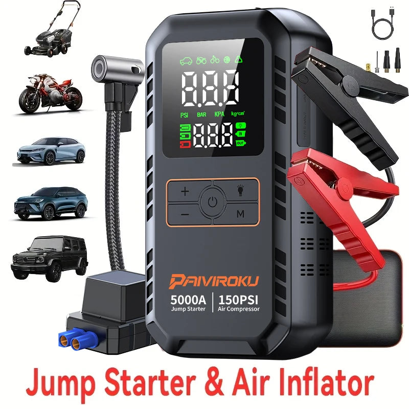 PAIVIROKU 5000A Car Jump Starter with Air Compressor 150PSI Air Pump  Auto Battery Booster Portable Power Bank Tire Inflator