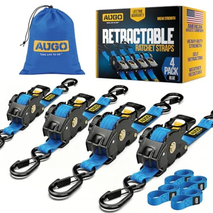 Retractable Ratchet Straps 2 Heavy Duty Ratchet Straps Self Retractable Tie Downs with Soft Loops and Storage Bag for Motorcycl
