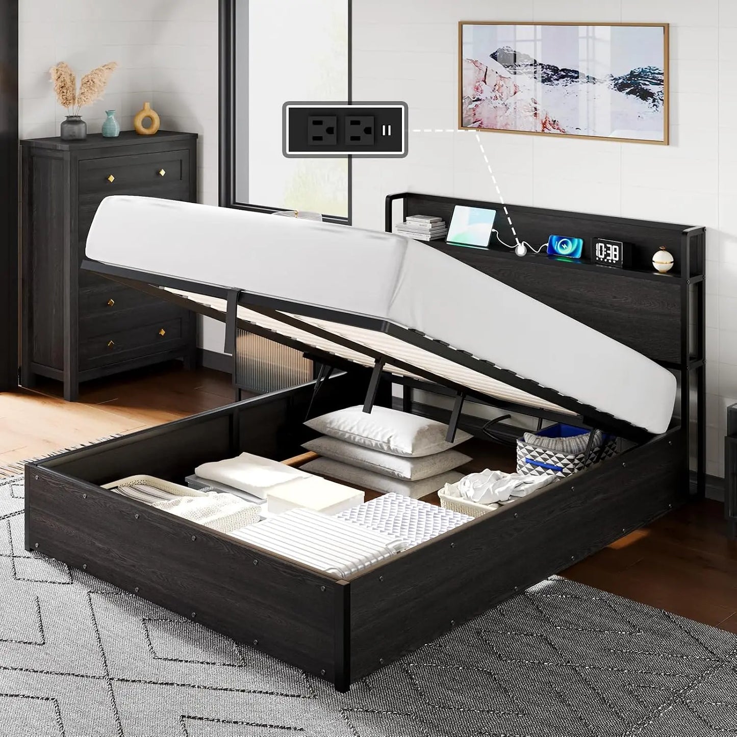Full Size Lift Up Storage Bed Frame with Charging Station, Custom