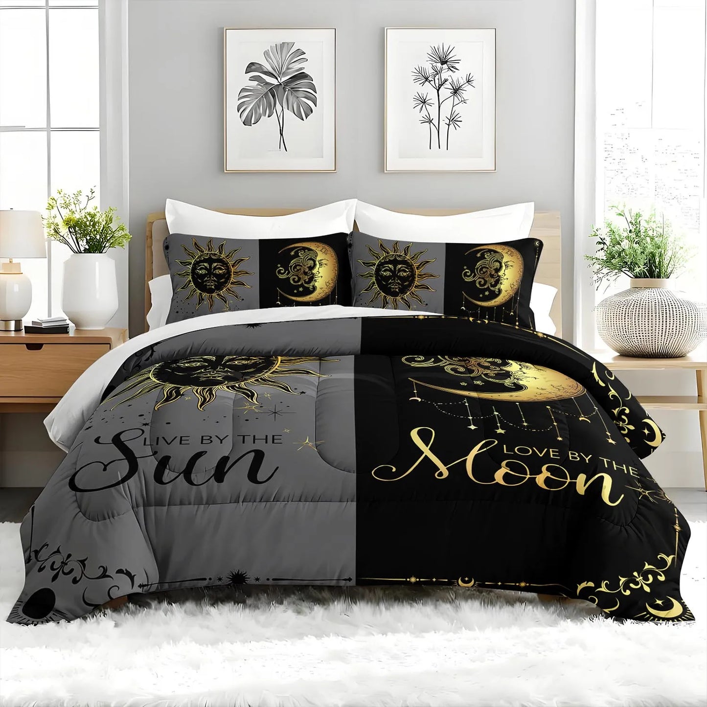 3PC Sun And Moon Celestial Bedding Set Astrology Duvet Cover with 2 Pillowcases Modern Bedroom Guest Room Decor