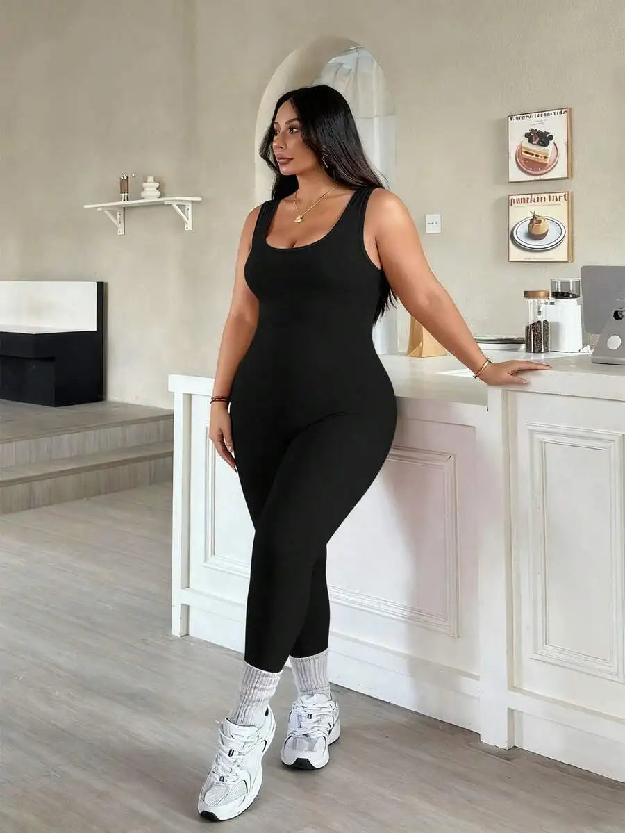 Rhythm Era 1pc Plus Size Black Backless Jumpsuit, Comfortable Stretchy Seamless Knit Yoga & Fitness Activewear