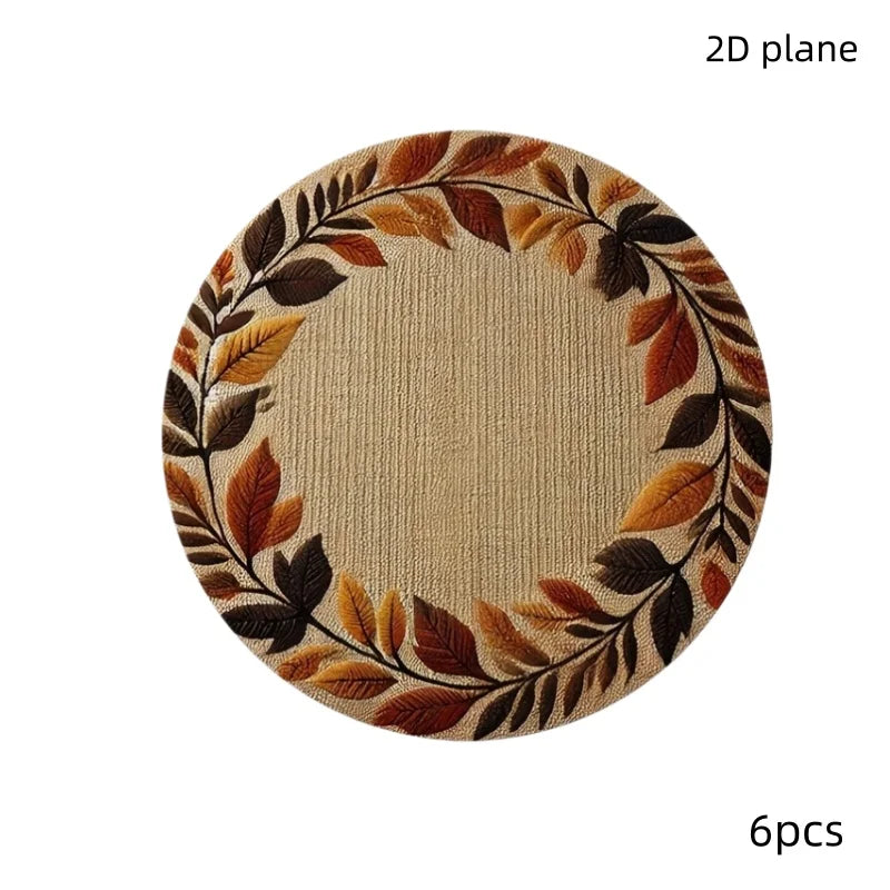 4/6/10pcs Placemat Round 2D Flat Autumn Leaf Wreath Print Table Mat Retro Fall Color Heat Insulation Dining Decor Pad