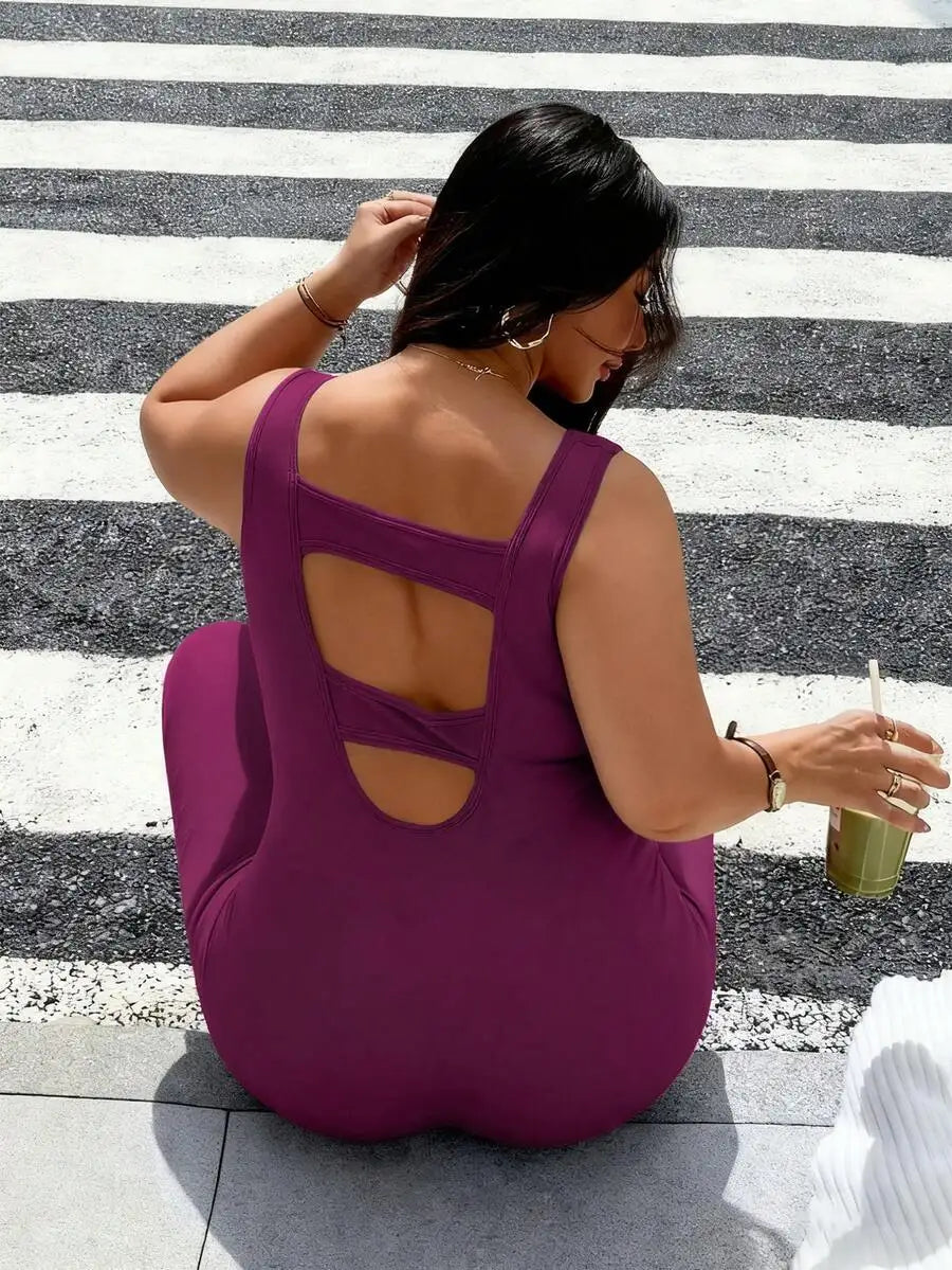 Rhythm Era 1pc Plus Size Black Backless Jumpsuit, Comfortable Stretchy Seamless Knit Yoga & Fitness Activewear