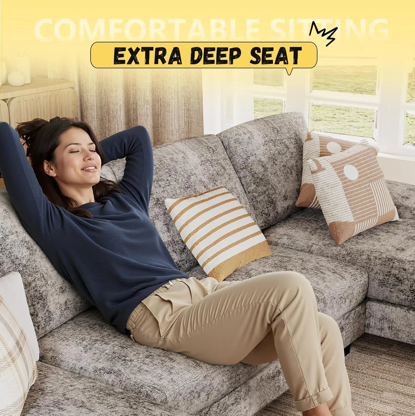 U Shaped Chenille Sectional Sofa for Small Living Room Apartment with Removable Pillows Grey