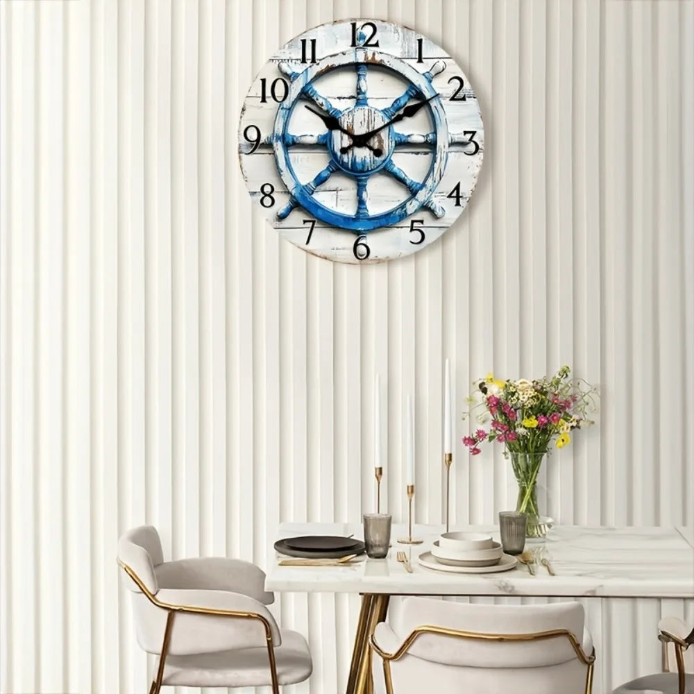 1pc 2D Flat Wall Clock Non-Ticking Wooden, Circular Clock Nautical Wooden Ship Wheel Design for Kitchen, Study Room, Hallway, Li
