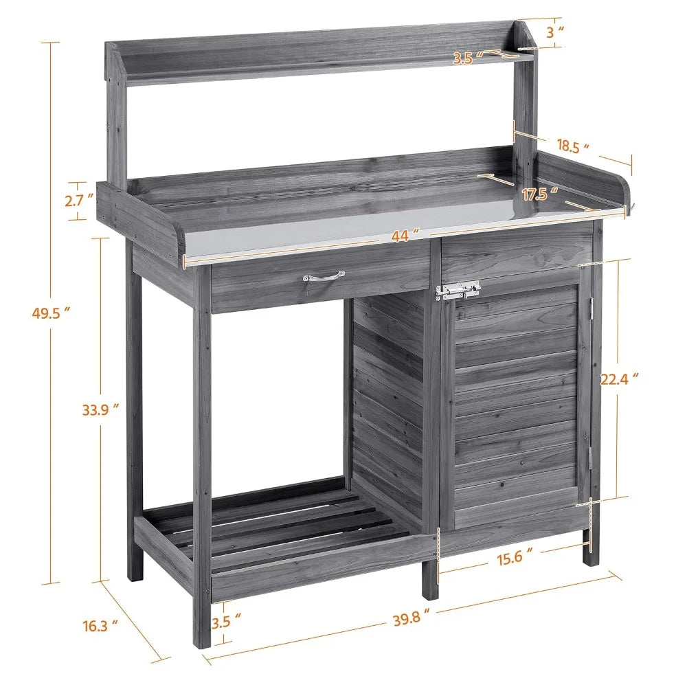 Outdoor Garden Workbench, Garden Worktable with Metal Tabletop, Cabinet Drawers, Open Countertop, Customizable