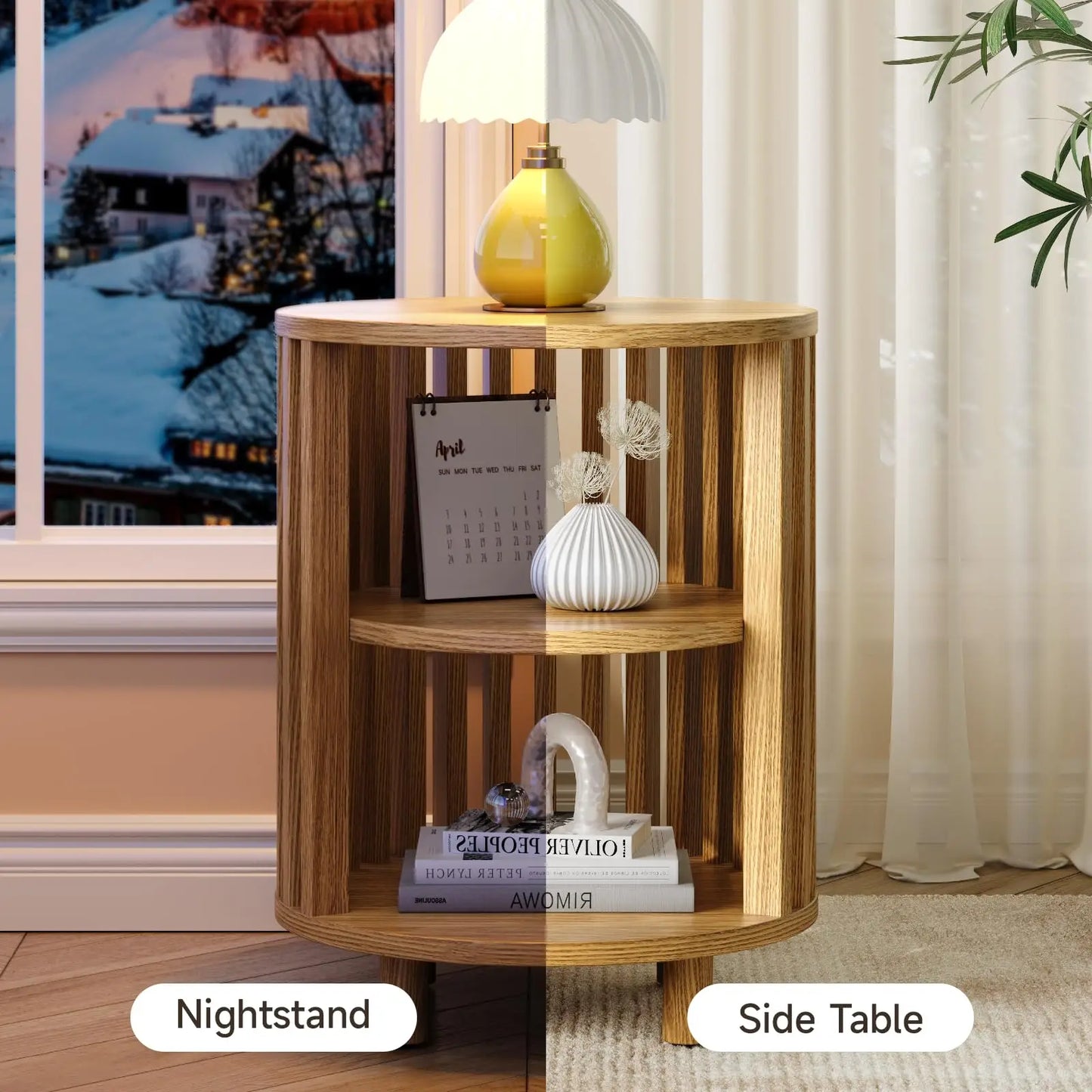 Fluted Round End Table, Mid Century Bedside Table, Modern Nightstands Set Of 2 For Living Room, Bedroom, Entryway