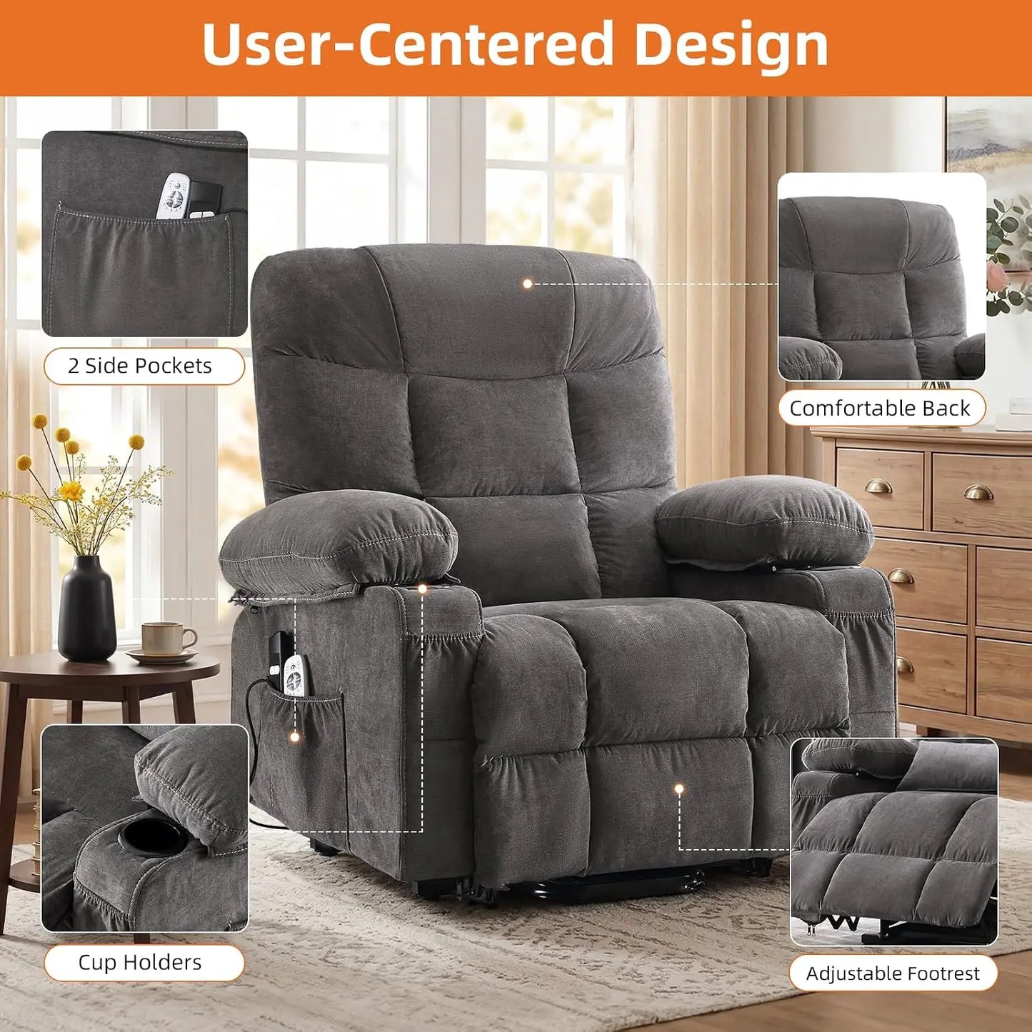 Power Lift Recliner Chair for Elderly with Vibration Massage and Lumbar Heating Electric Recliner Sofa with Cup, Customized