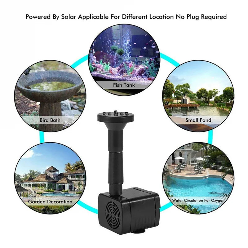 Solar Fountain Pump Panel Powered Water Kits Aquarium Pond Lawn Low Noise Outdoor Bird Bath Garden Decor with 6Nozzles