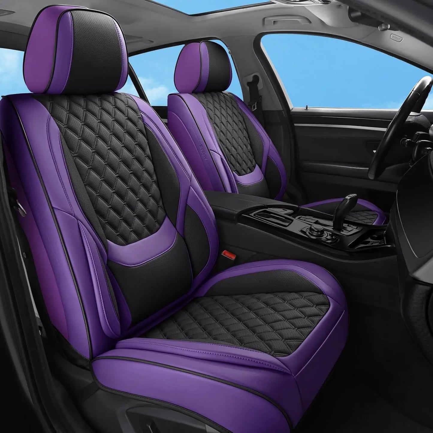 Universal Car Seat Covers Set, Purple Black Faux Leather Waterproof Non-Slip Protector for Most Vehicles