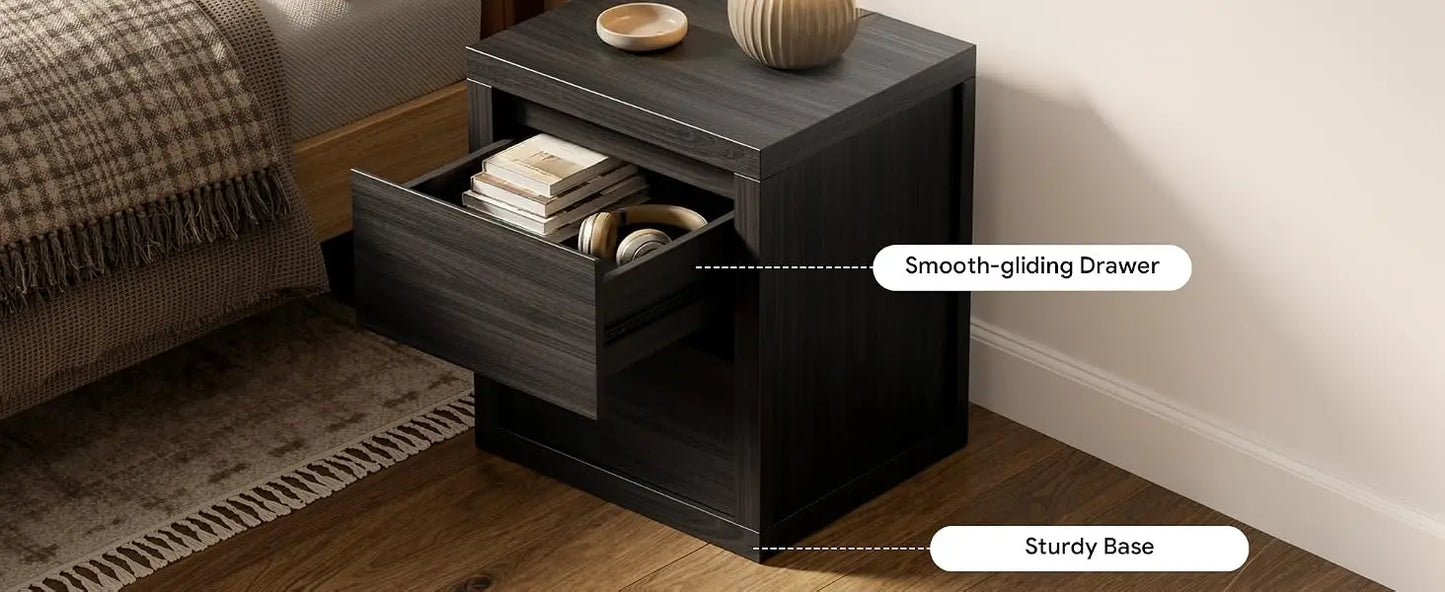 Set of 2 Wooden Nightstands With 2 Handle-Free Storage Drawers, Thickened Bedside End Side Table For Bedroom Black Finish