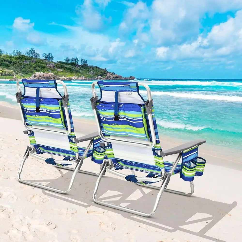 Adjustable Position Beach Chair with Pillow, Storage, Towel Bar, Cup Holders, and Backpack for Outdoor Camping