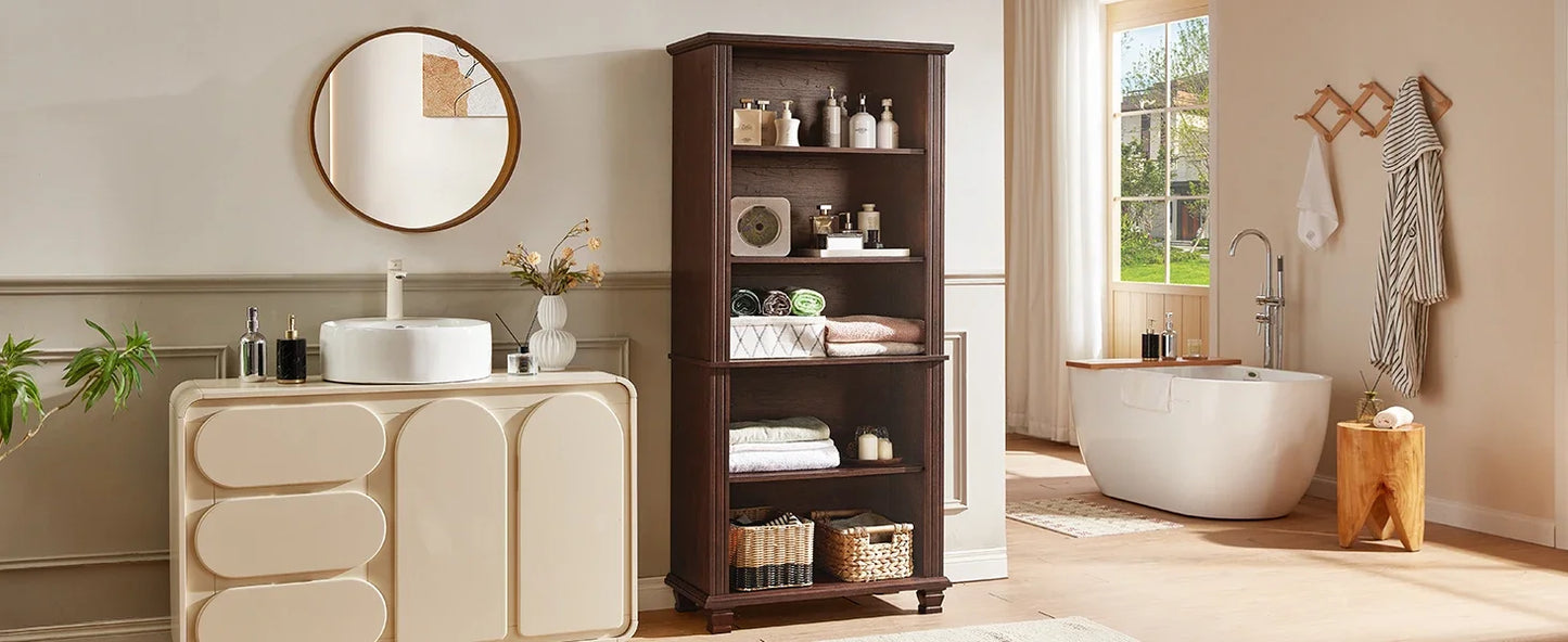 SAVOR LIFE 70" Tall Walnut Bookshelf,5 Tier Wooden Book Shelf with Adjustable Shelves & Wood Legs,Free Standing Farmhouse