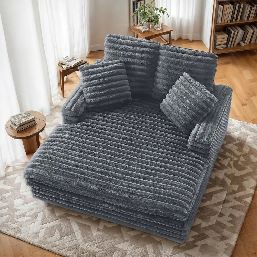 Oversized 58 Chaise Lounge Chair with 4 Striped Pillows, Convertible to Chair Bed, Ideal for Living Room, Bedroom, Playroom, Lig