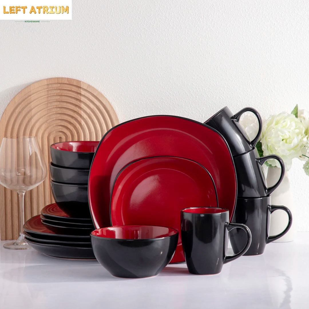 2025 Nordic Modern China Crokery Irregular 16 Pcs Glossy Red Black Modern Tableware Stoneware Ceramic Dinner Dinnerware Set