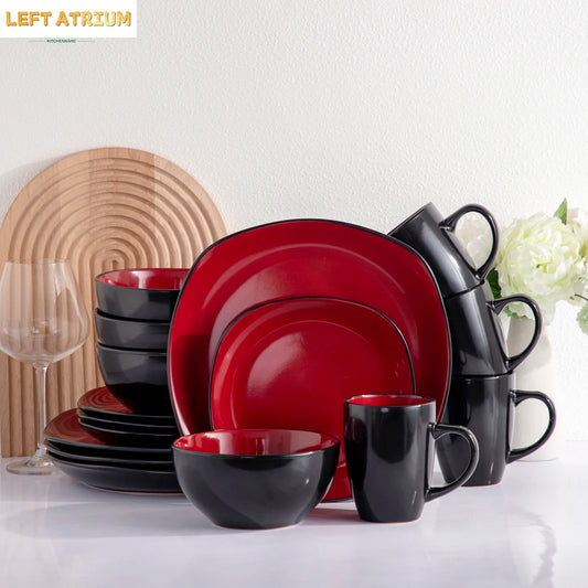 2025 Nordic Modern China Crokery Irregular 16 Pcs Glossy Red Black Modern Tableware Stoneware Ceramic Dinner Dinnerware Set