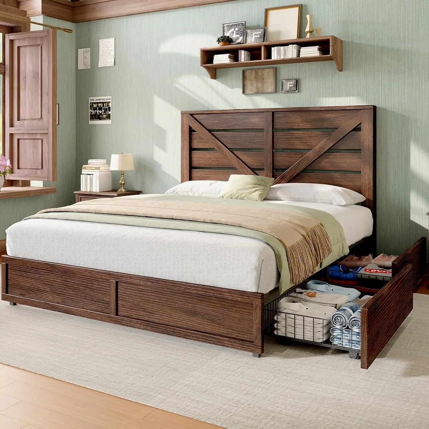 Queen Size Farmhouse Bed Frame with 4 Drawers, Wooden Storage Bed Frame with Headboard and Heavy Duty Metal Slats,Custom