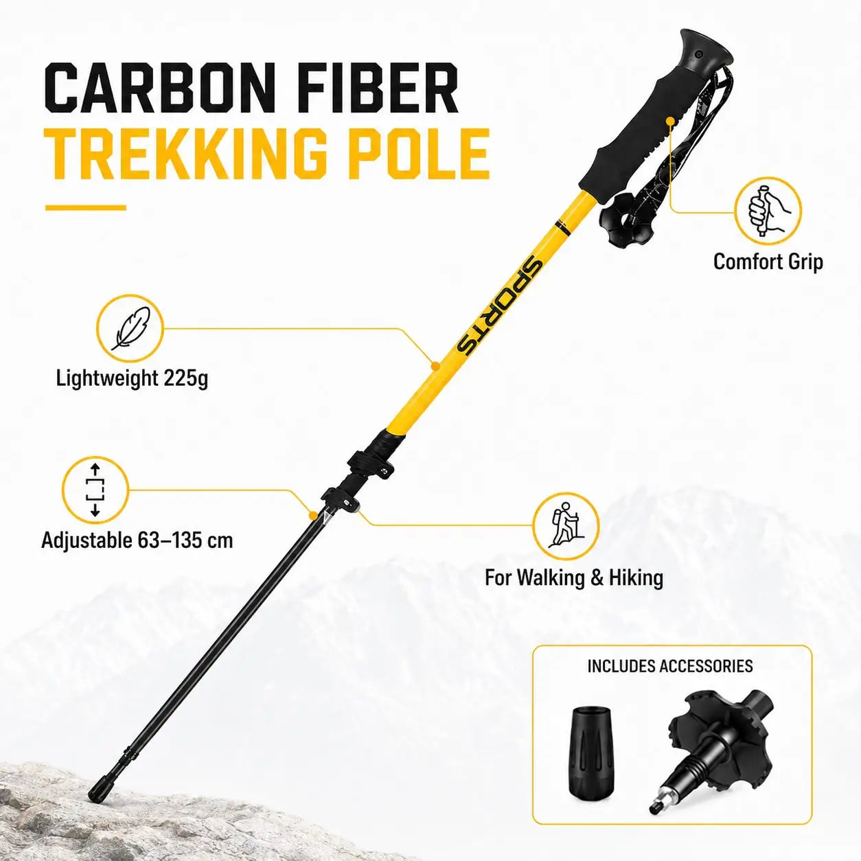 Carbon Fiber Trekking Pole, Adjustable 25–53 In / 63–135 Cm Lightweight Hiking Walking Stick, 225g Collapsible Trekking Staff With EVA Grip, Wrist Strap, Mud Basket & Tip Cover, Yellow, 1PCS