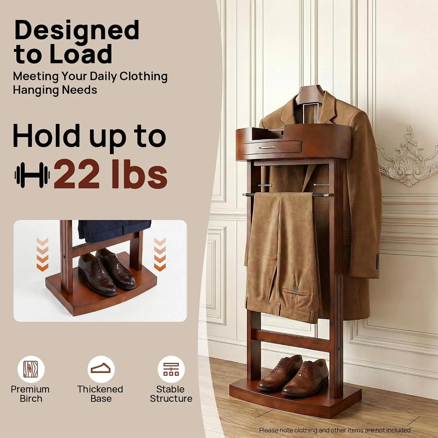 Wood Suit Rack, Freestanding Clothing Valet Stand Clothes Valet Suit Racks Mens Compact Wooden Clothing Valets Stand Rack Organi