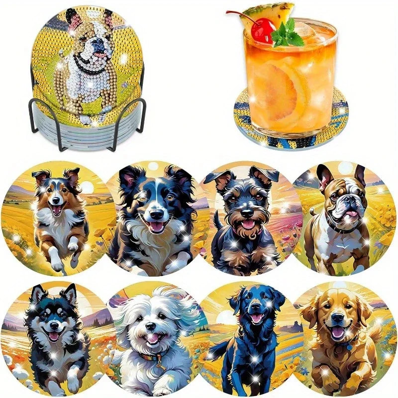 8 pieces/set of dog, beach, lighthouse pattern diamond painted coaster set, sparkling rhinestone heat-resistant beverage mat wit