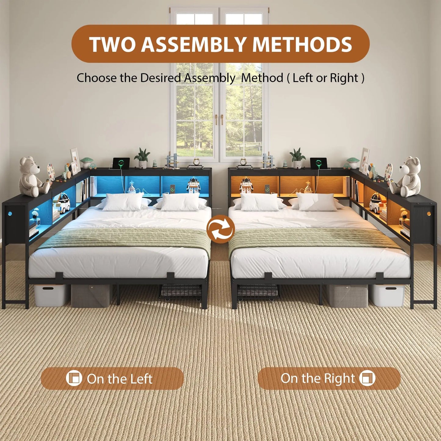 Twin/Full Corner Bed Frame With Bookcase Headboard, RGB LED Lights, 2 Drawers, Charging Station, Reversible, 2 AC 2 USB Ports