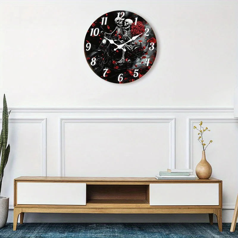 () 1pc Silent Wall Clock Non-Ticking Wooden, Decorative Circular Clock Gothic Motorcycle Skeletons with Roses Design for Bedroom