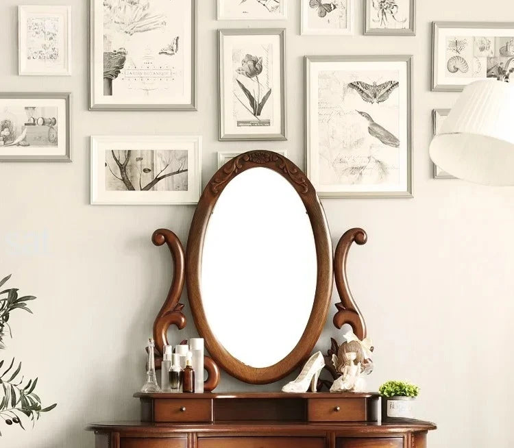 -European Solid Wood Mirror Table Bedroom Dresser Amercia Princess Furniture Dark Villa Luxury Carved Makeup Table Dressing Tabl