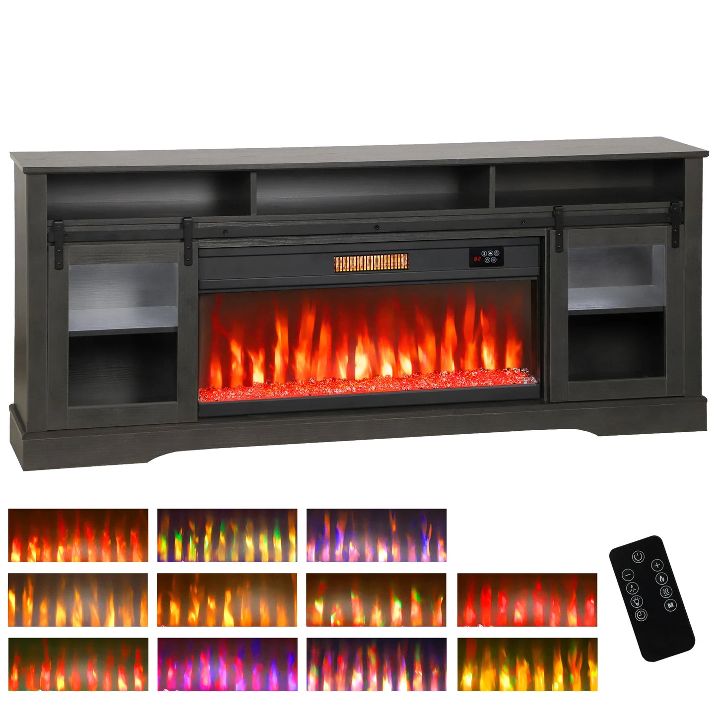 Fireplace TV Stand for TVs Up to 80 Inches, Modern Entertainment Center with 36" Glass Electric Fireplace & LED Lights, TV Console with Open Storage and Side Cabinets for Living Room, Black