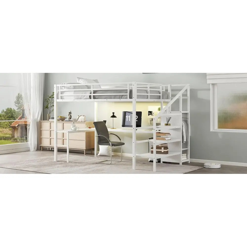 Queen Size Metal Bed with L-Shaped Desk, Wardrobe, Adjustable Shelves, Stairs, LED Light - Suitable for Kids, Teens, Adults in W