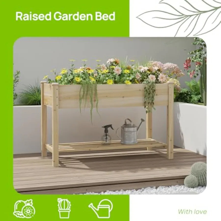 Raised Garden Bed Planter Box with Storage Shelf Elevated Wooden Planter Box with Legs Garden Planter for Backyard Patio Balcon
