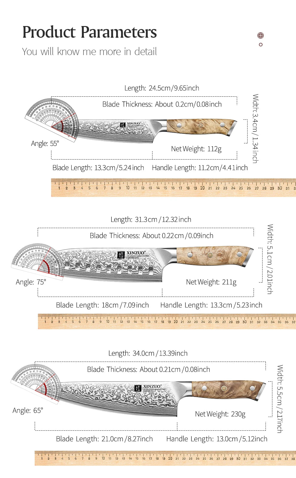 XINZUO 1-3PCS Damascus Steel Knife Set Chef Santoku Utility Knives 67 Layers Super Steel Figured Sycamore Brass Rivets 60HRC