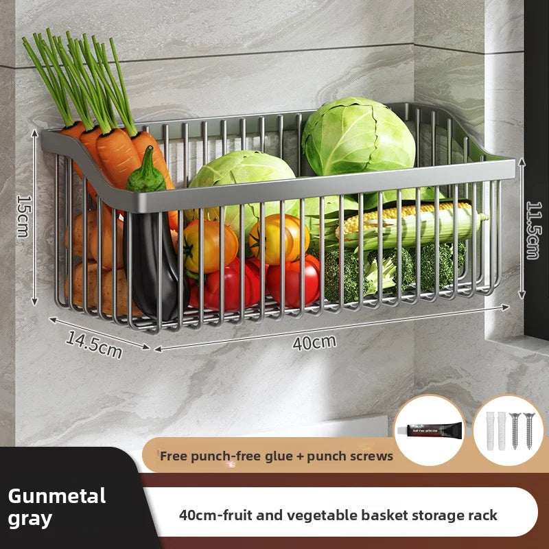 AOBT No-Drill Multifunctional Wall-Mounted Spice Rack Kitchen Storage Organizer Salt Seasoning Jar Vegetable Basket Rack