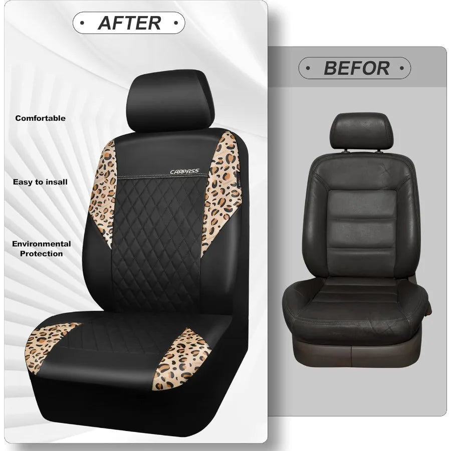 Leopard Print Faux Leather Car Seat Covers Car Mats Steering Wheel Cover and Seat Belt Pad Set with Universal Fit for SUVs Vans