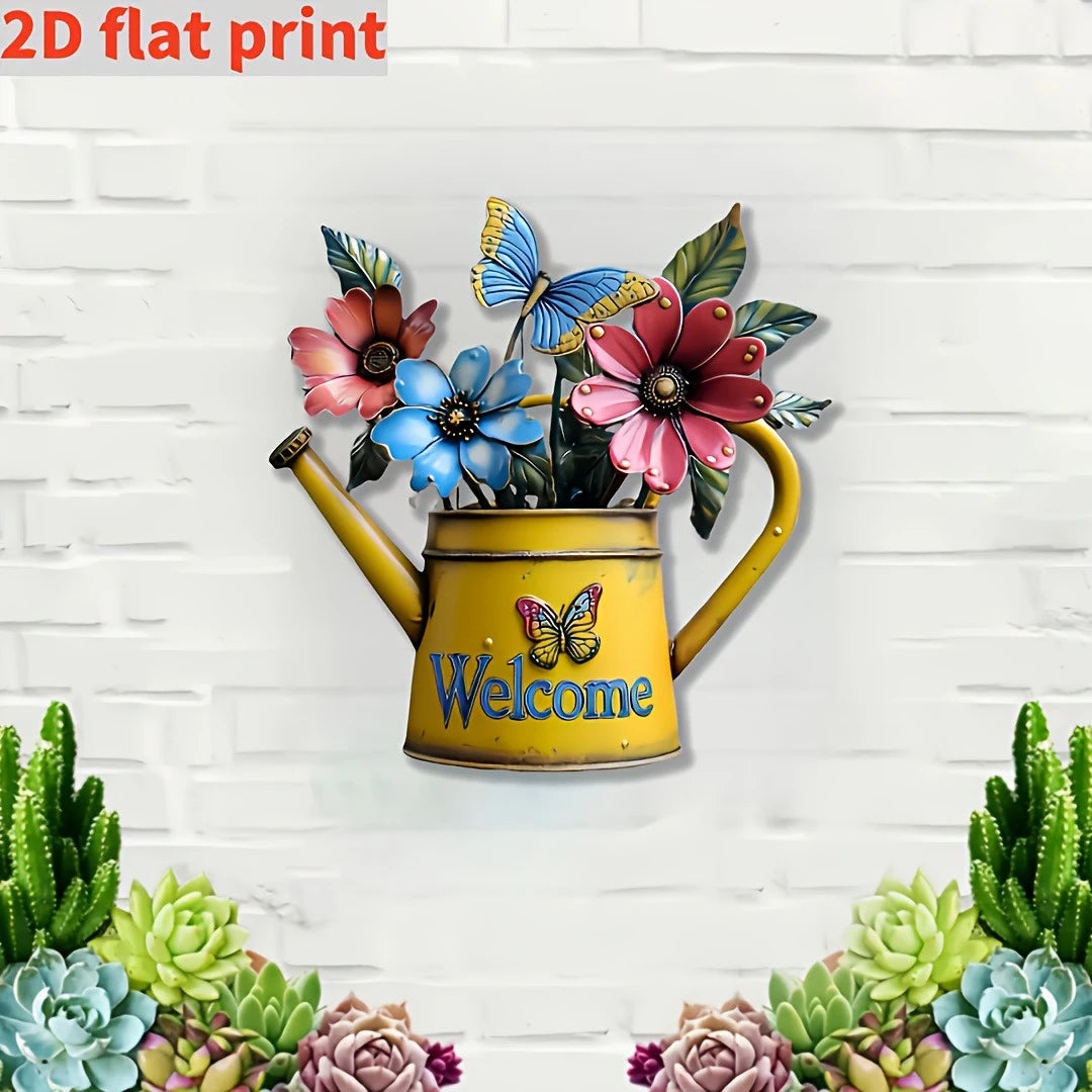 2D Flat, 1pc Rustic Iron Watering Can with Flowers & Butterflies Wall Art - Print Metal Outdoor Decor for Porch, Patio, Garden