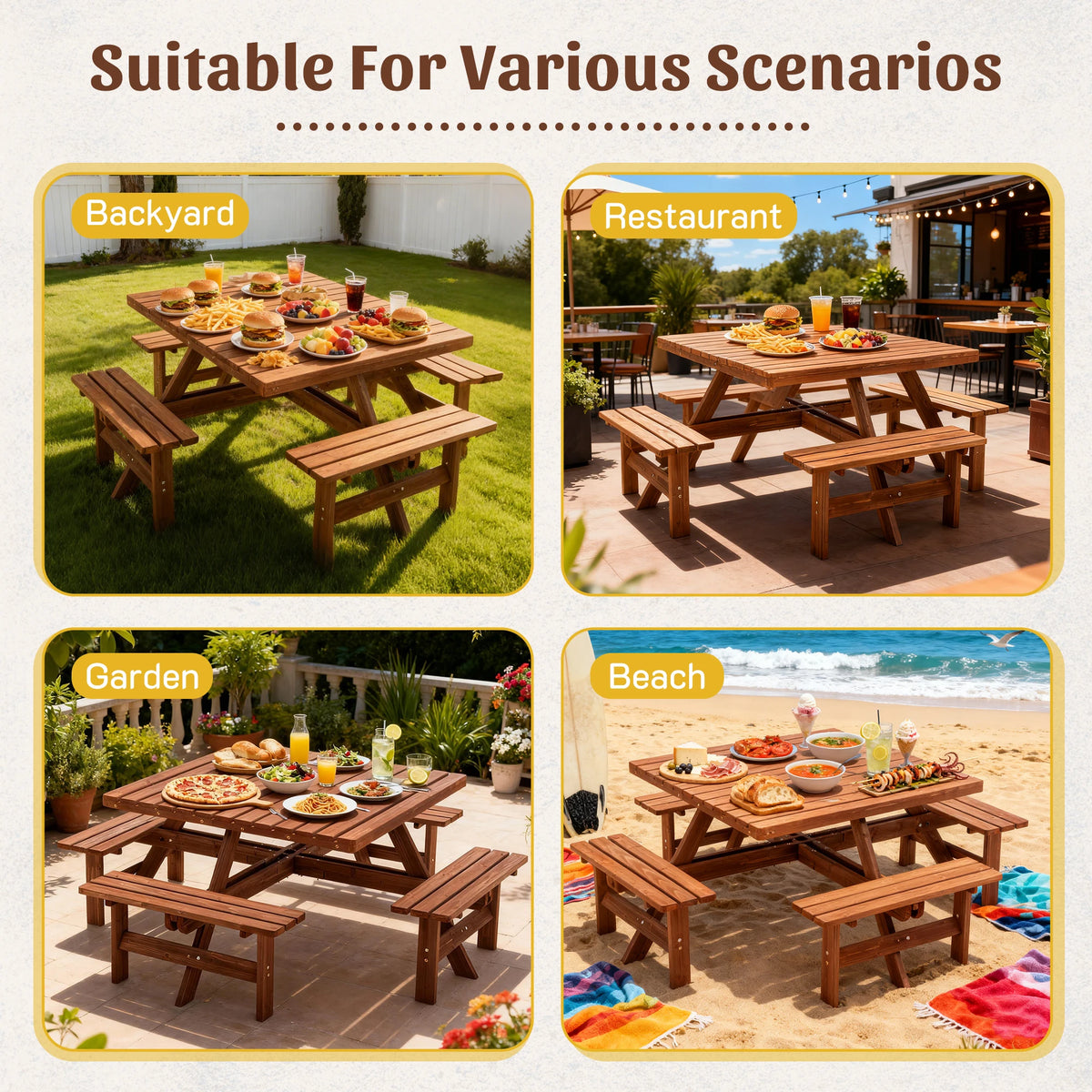8 Person Square Picnic Table Umbrella Hole Waterproof Reinforced Structure Easy Clean Outdoor Dining Set Backyard Garden Camping